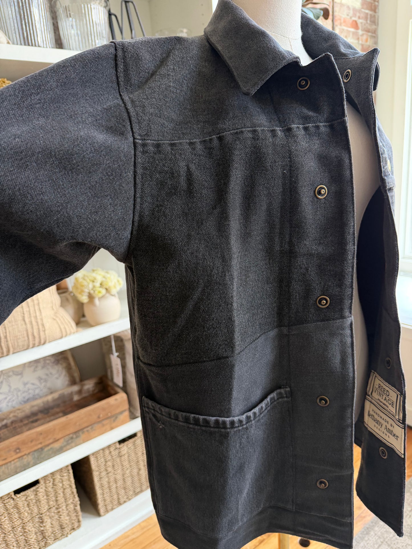 Black Reworked Denim Chore Coat. Size Small