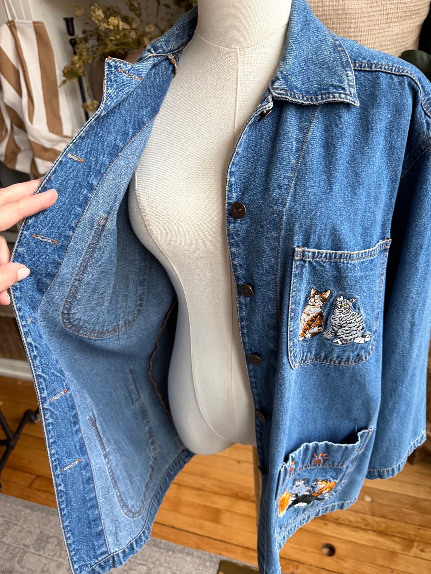 90s Casey Coleman denim chore coat with embroidered cats on pockets