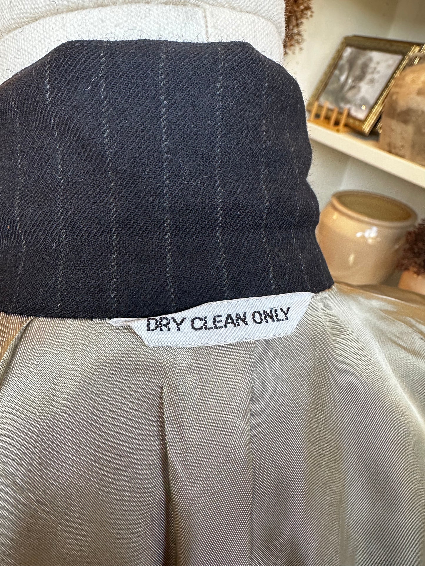 80s Lou Pollack navy wool pinstripe blazer. Made in Chicago
