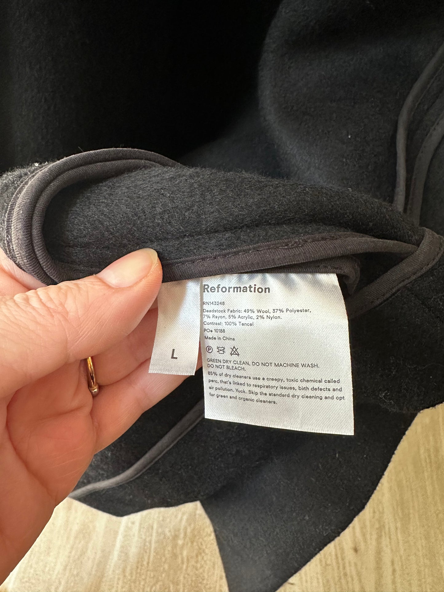 Reformation black wool Downing coat. Size Large