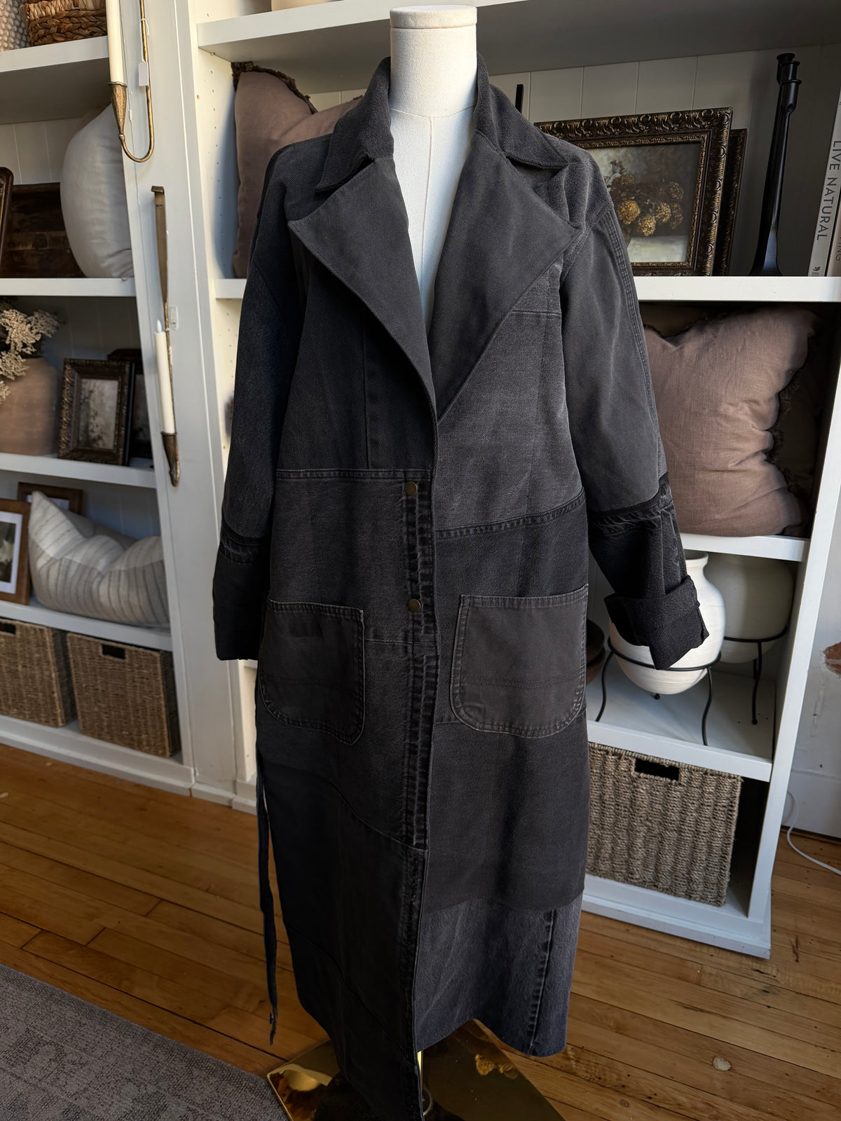 #9 Reworked Black denim trench coat. Size M