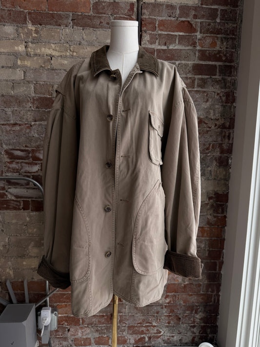90s Banana Republic khaki barn coat with leather collar. Made in Hong Kong