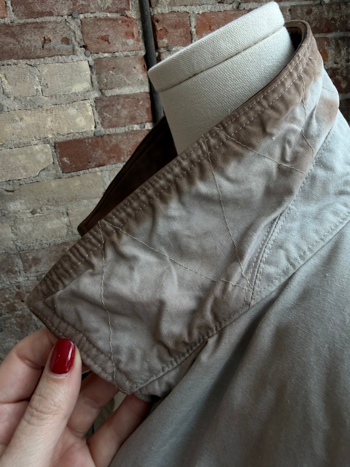 90s LLBean khaki bomber with leather collar. Made in Hong Kong.