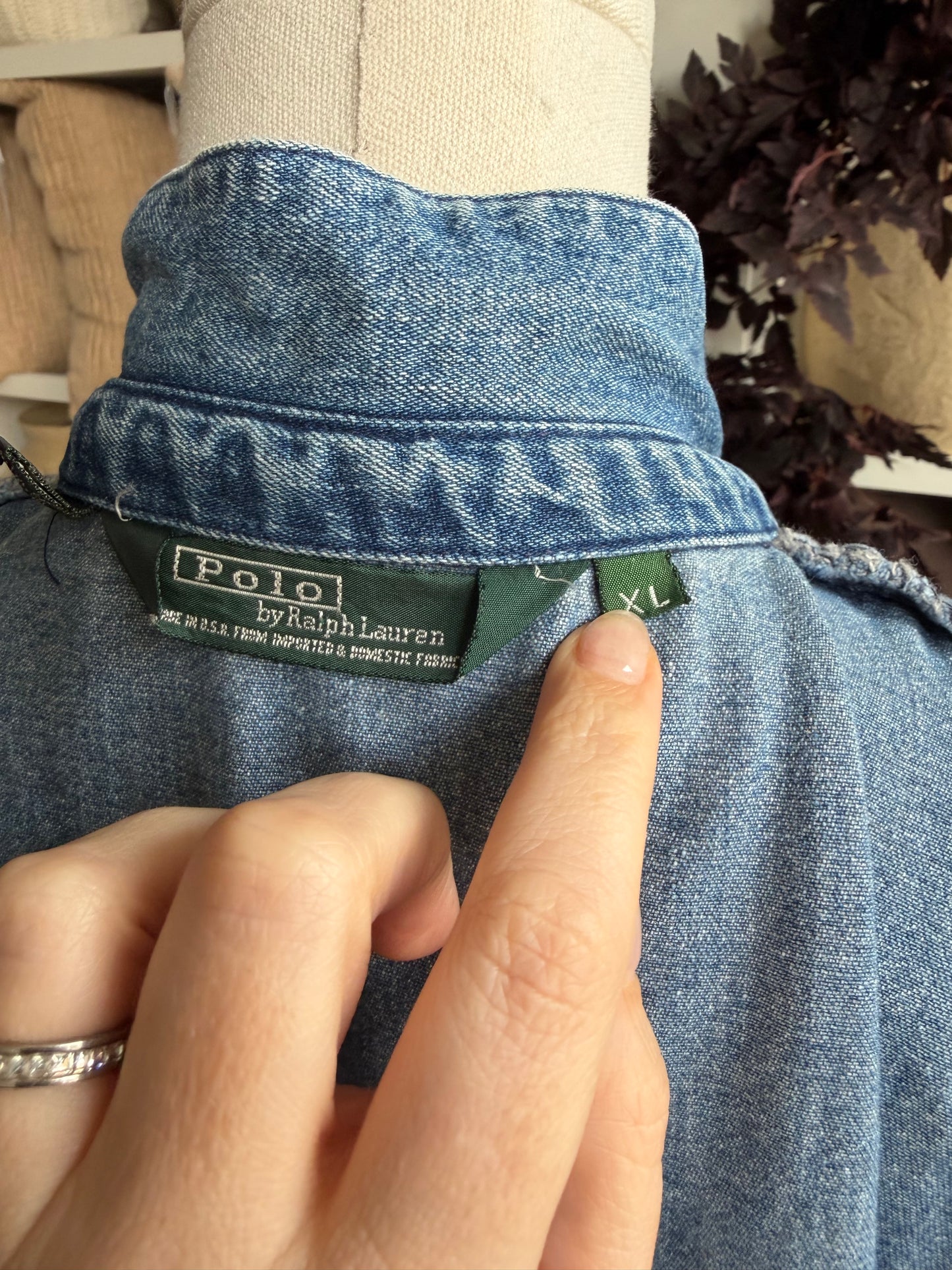 80s Polo Ralph Lauren denim bomber with plaid collar. Fits XS-M
