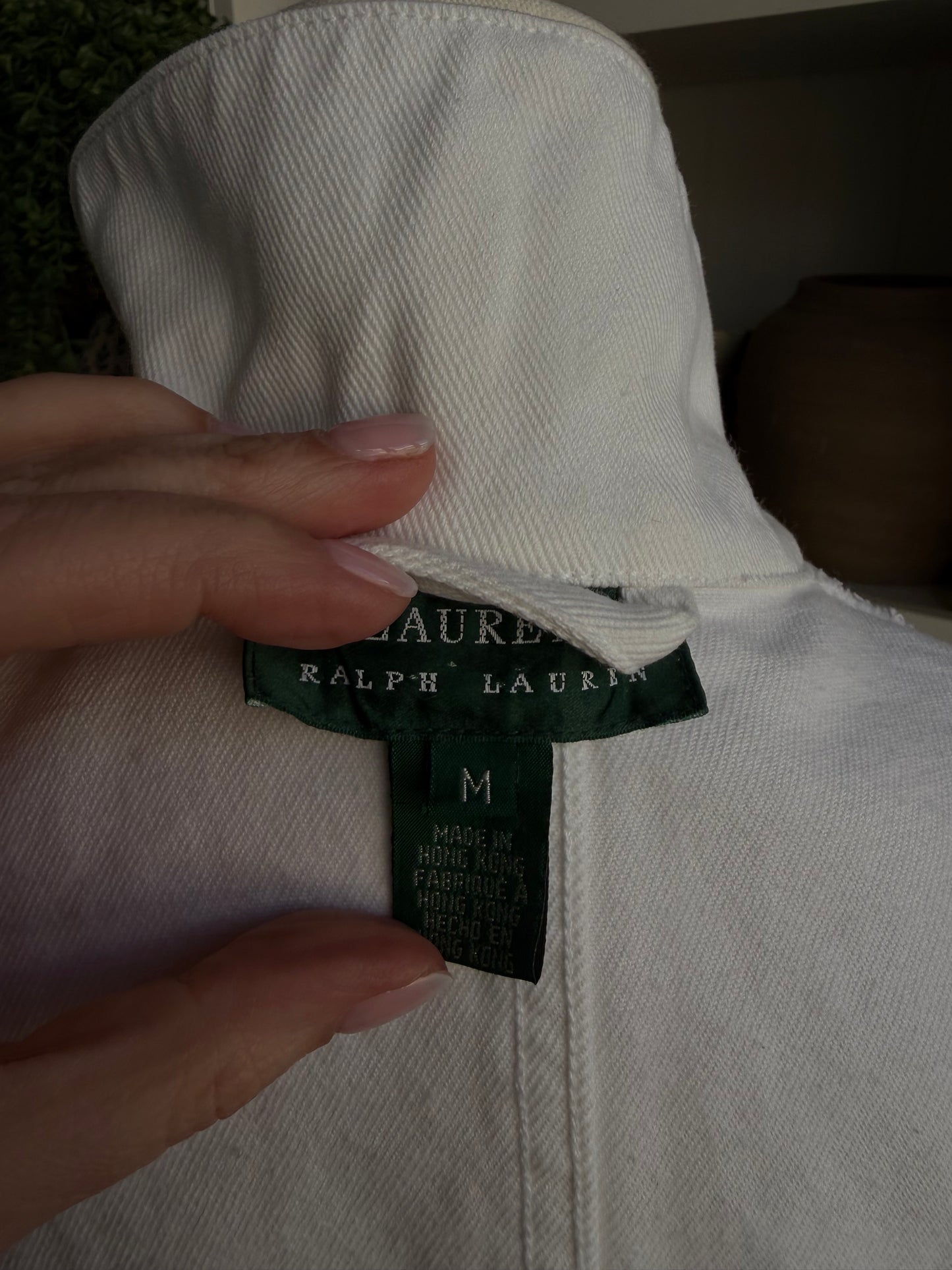 90s Lauren Ralph Lauren white denim chore coat. Made in Hong Kong