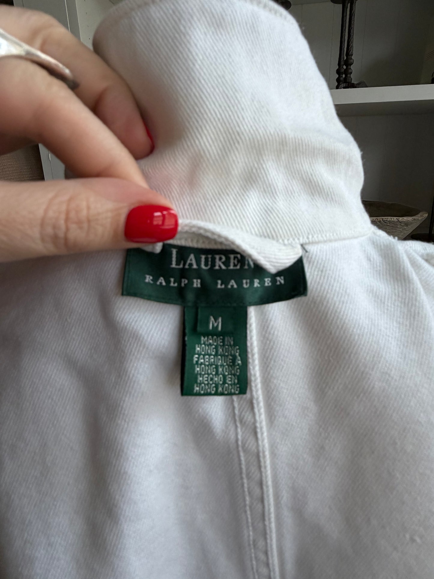 90s Lauren Ralph Lauren white denim chore coat. Made in Hong Kong