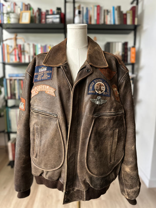 90s Bencat leather flight jacket with patches. Made in Korea
