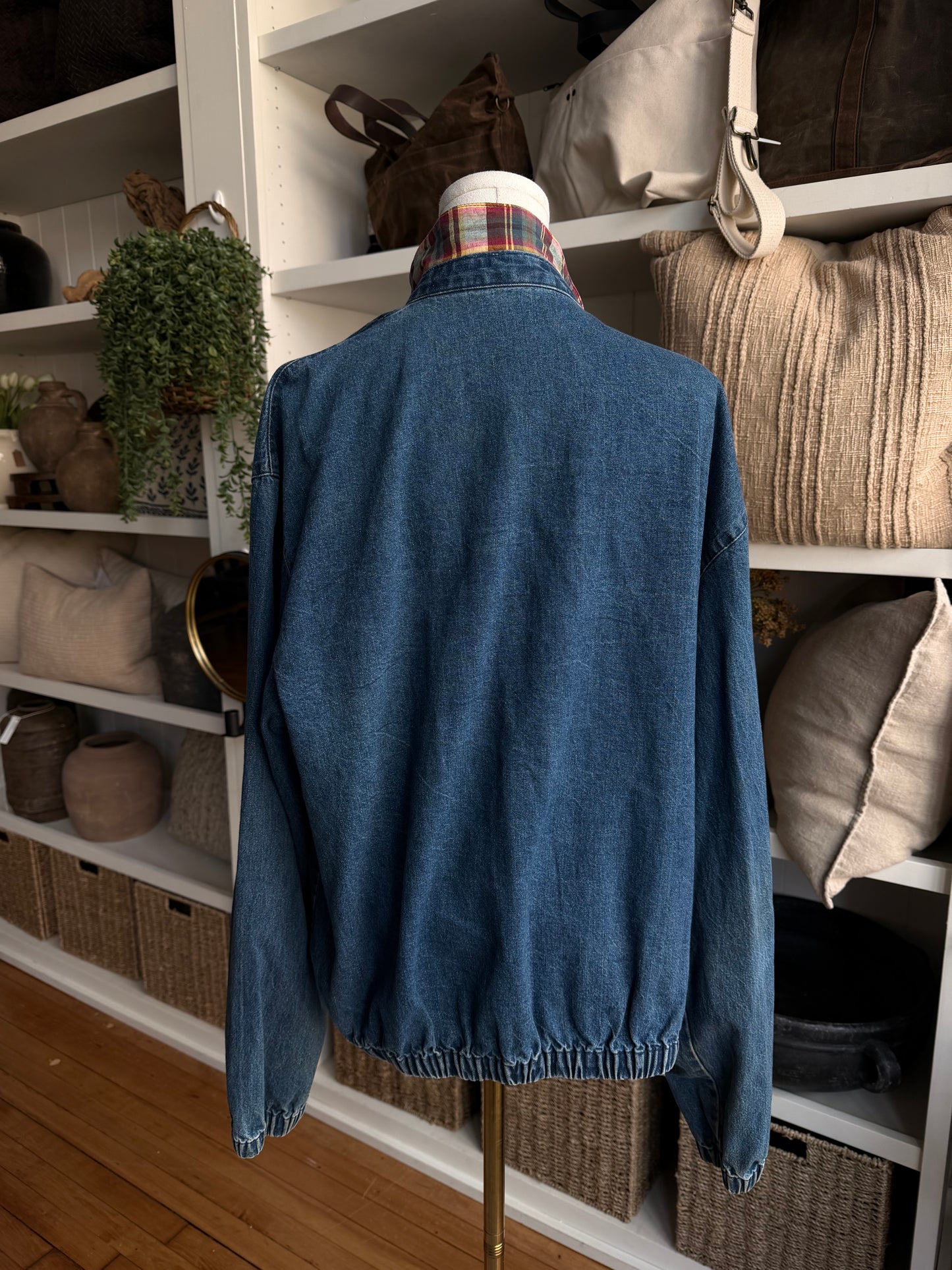 80s Polo Ralph Lauren denim bomber with plaid under collar. Made in USA