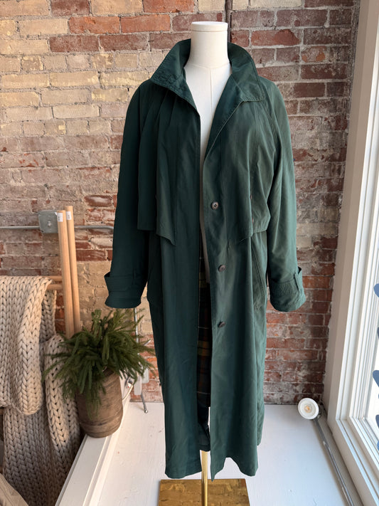 90s Coat Collectibles green trench with zip out wool lining.