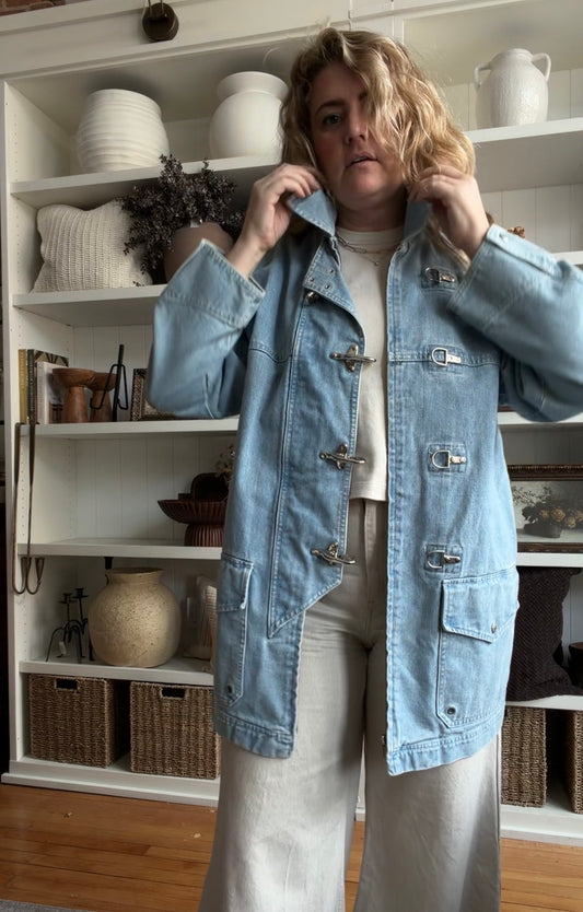 90s Lauren Ralph Lauren denim fireman clasp chore coat. Fits M-L