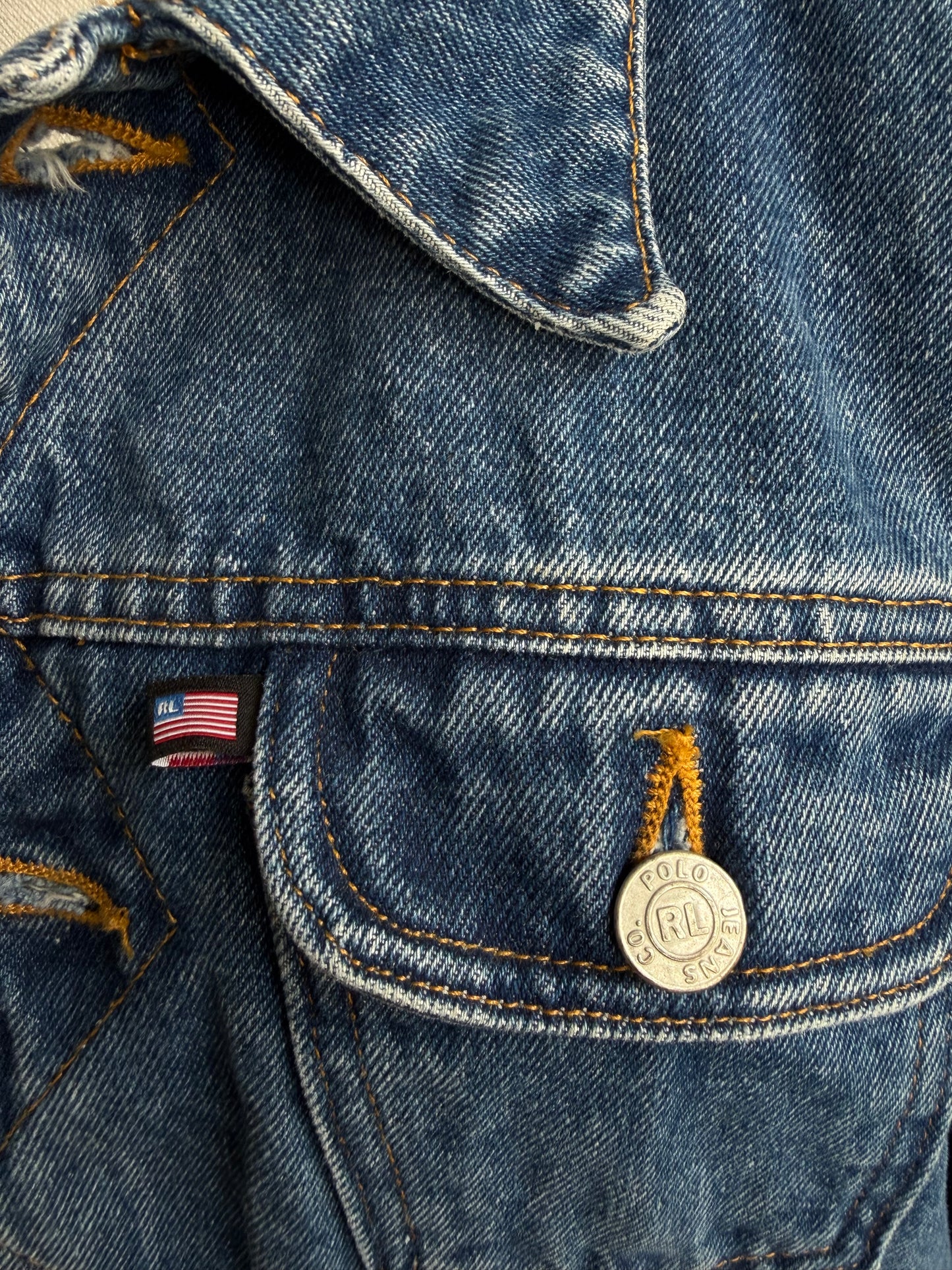 90s Polo Jeans Co denim insulated jacket with red lining. Fits XXS-S