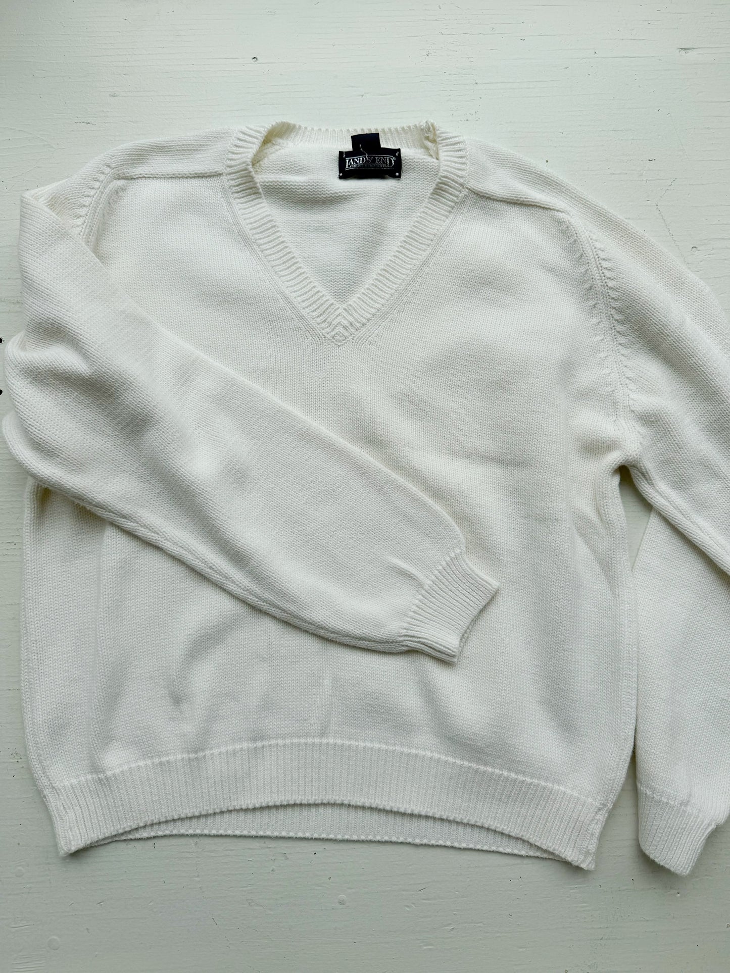 80s Lands End white cotton sweater. Made in the USA