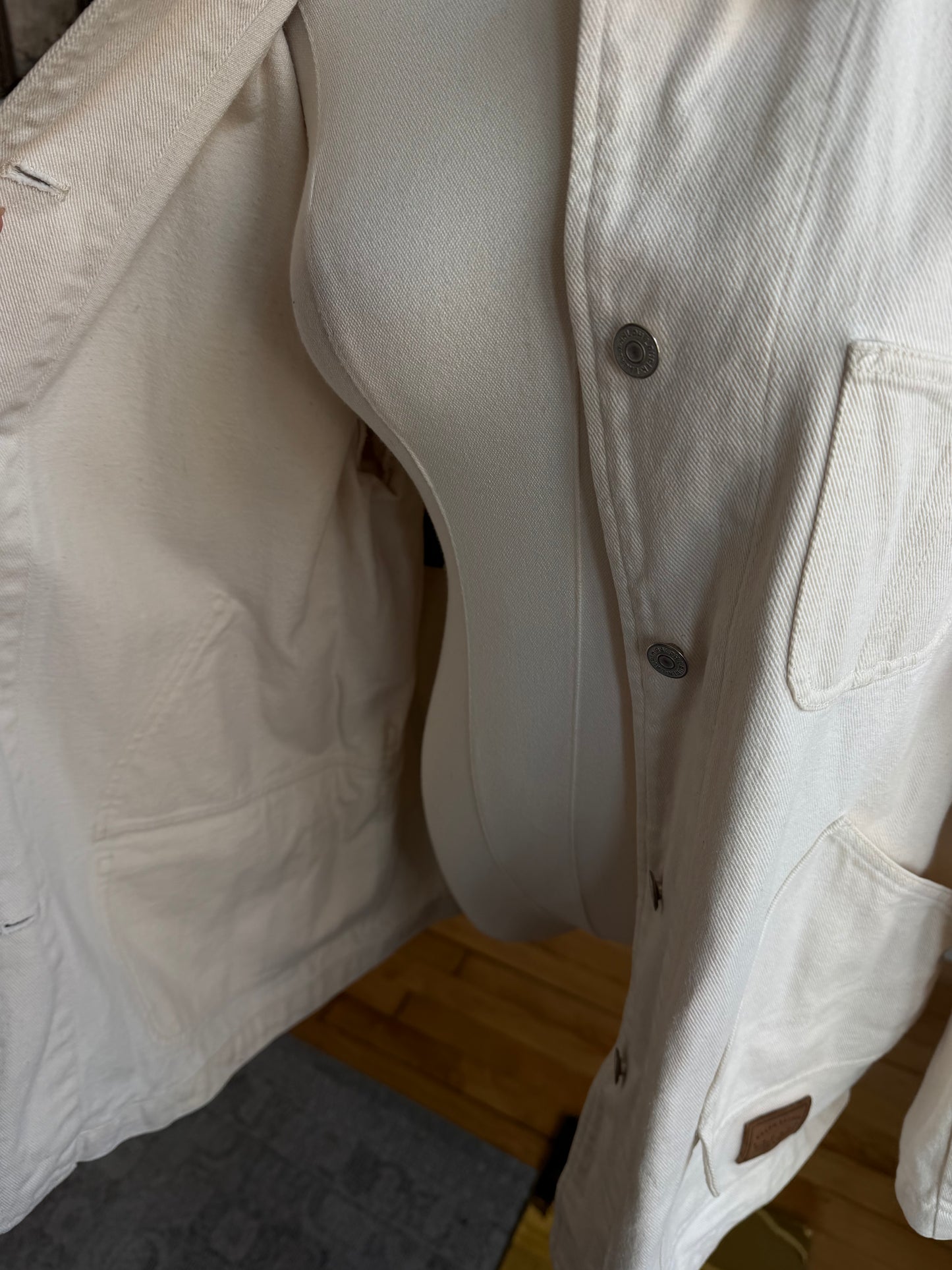90s Lauren by Ralph Lauren cream denim chore coat. Made in Hong Kong. Fits S-L