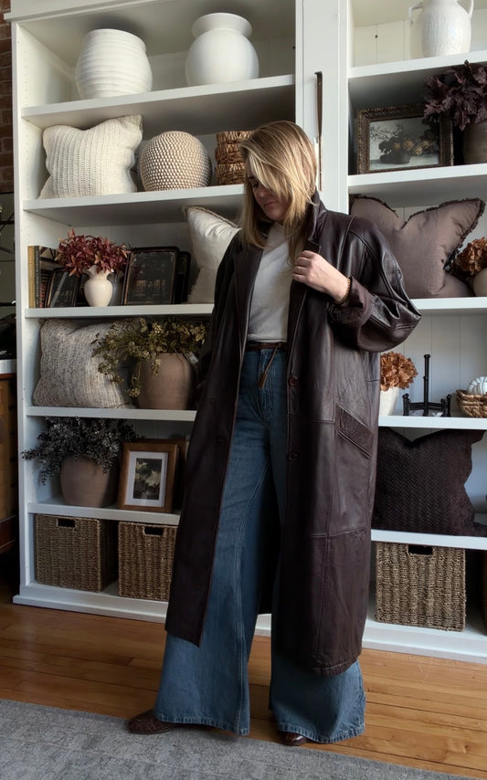 90s Preston Yorke dark burgundy leather trench. Made in Korea. Fits M-XL