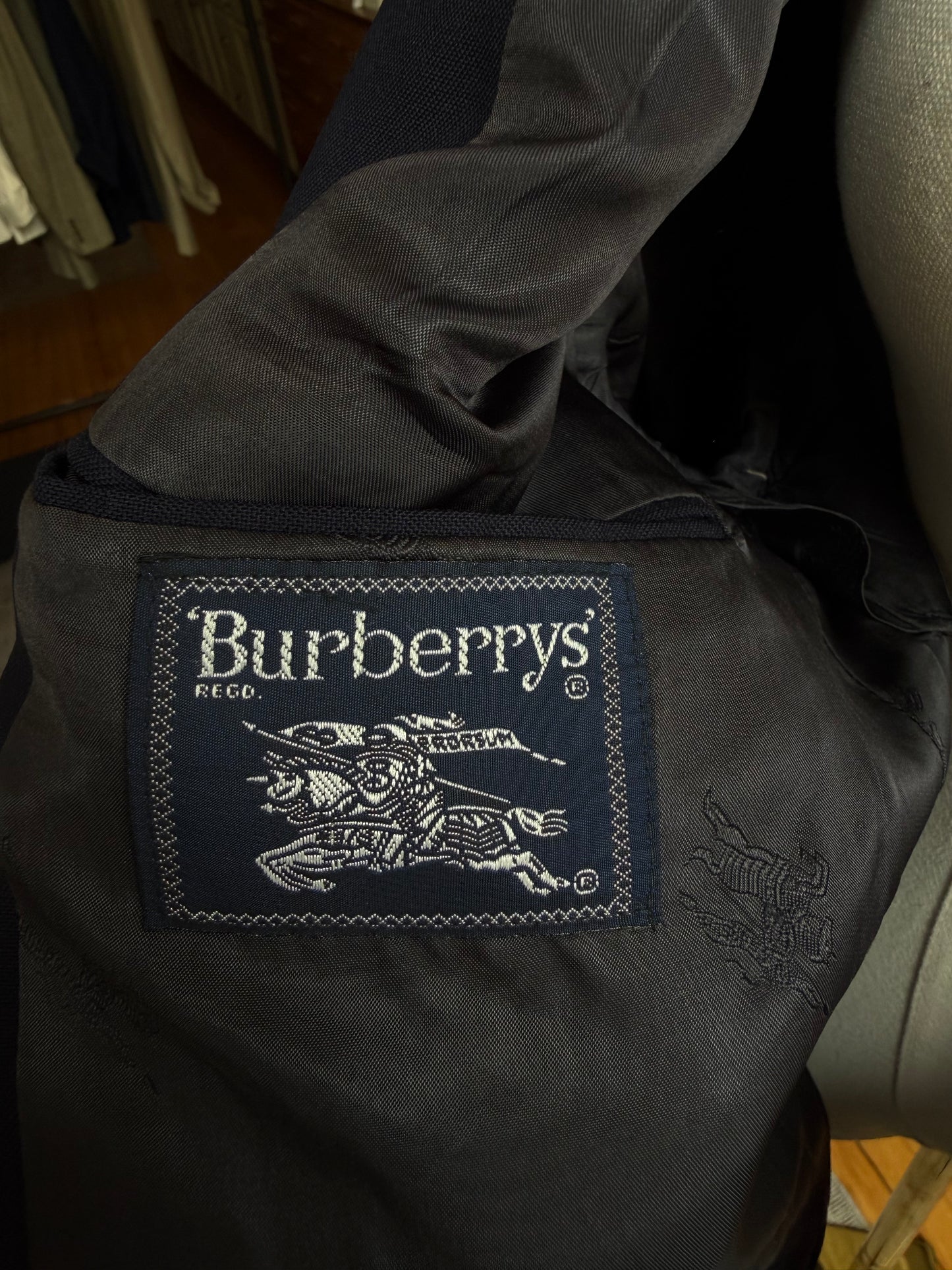 80s Burberry navy wool blazer. Made in the USA