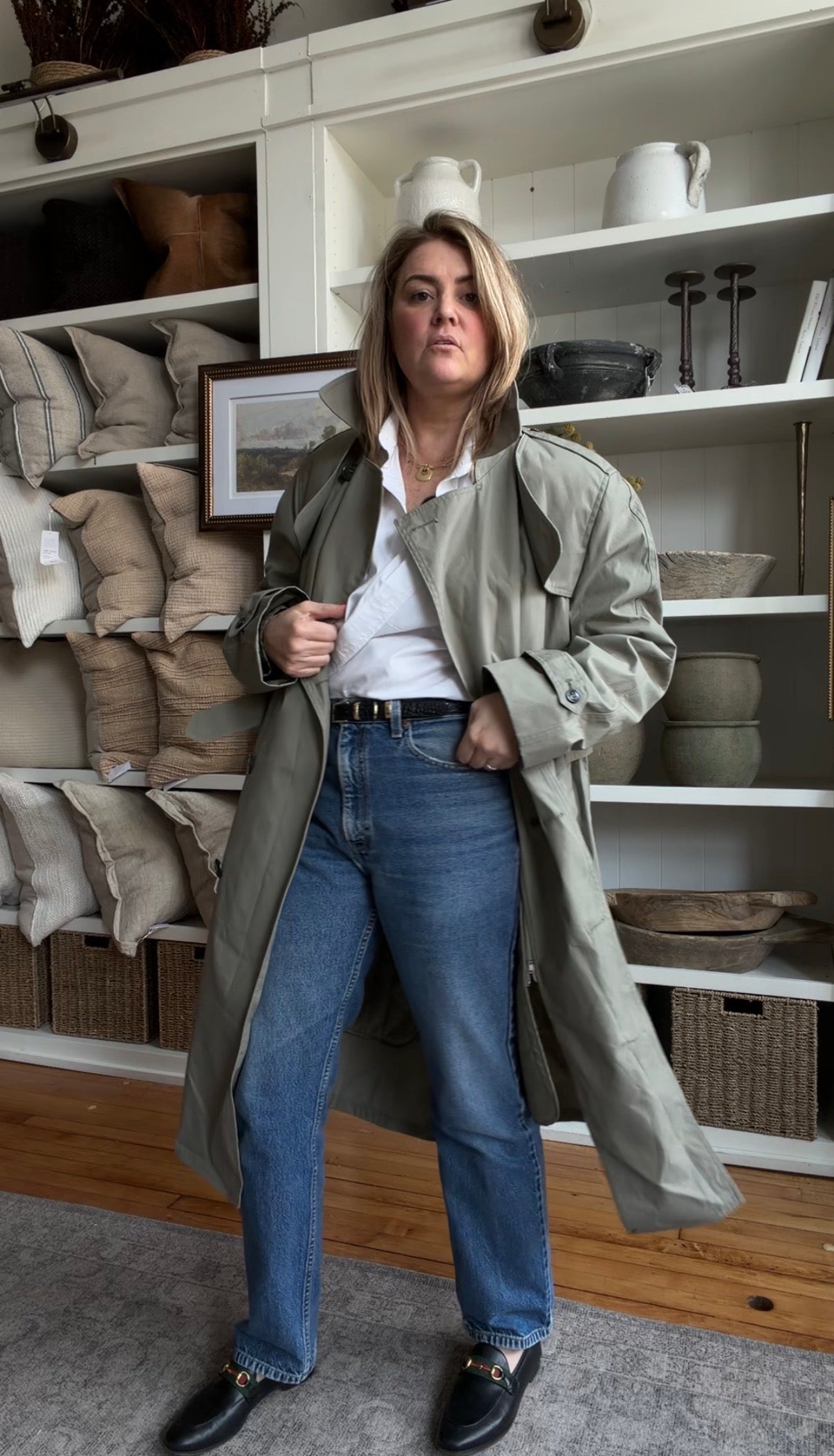 Light green military trench with zip out insulated lining
