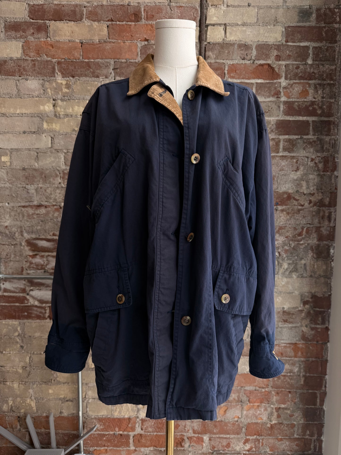 90s Rubbish navy barn coat. Made in Hong Kong