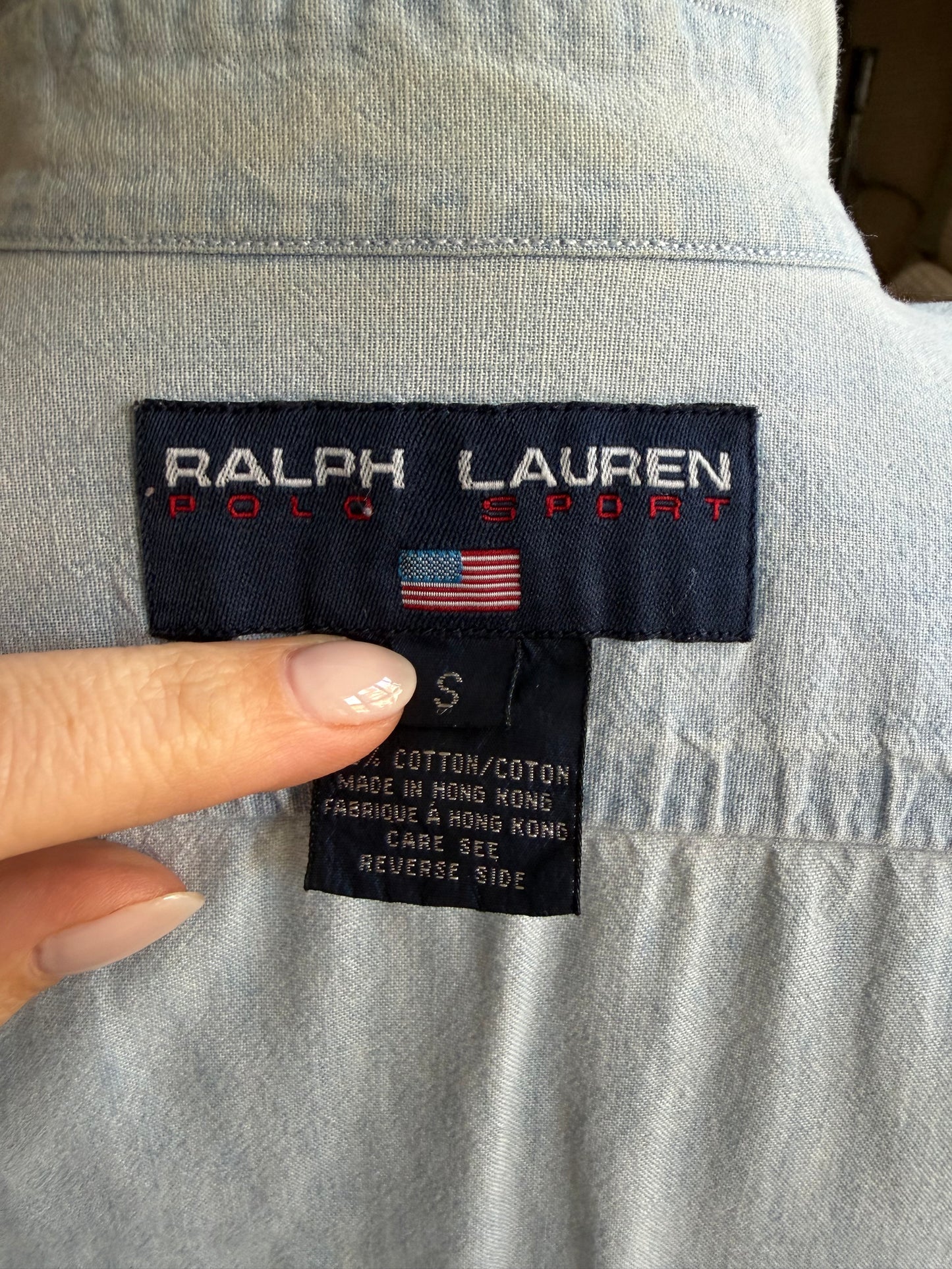 90s Ralph Lauren Polo Sport denim button down. Made in Hong Kong