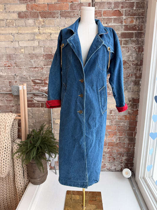 80s Andy Johns denim trench with red collar. Made in the USA