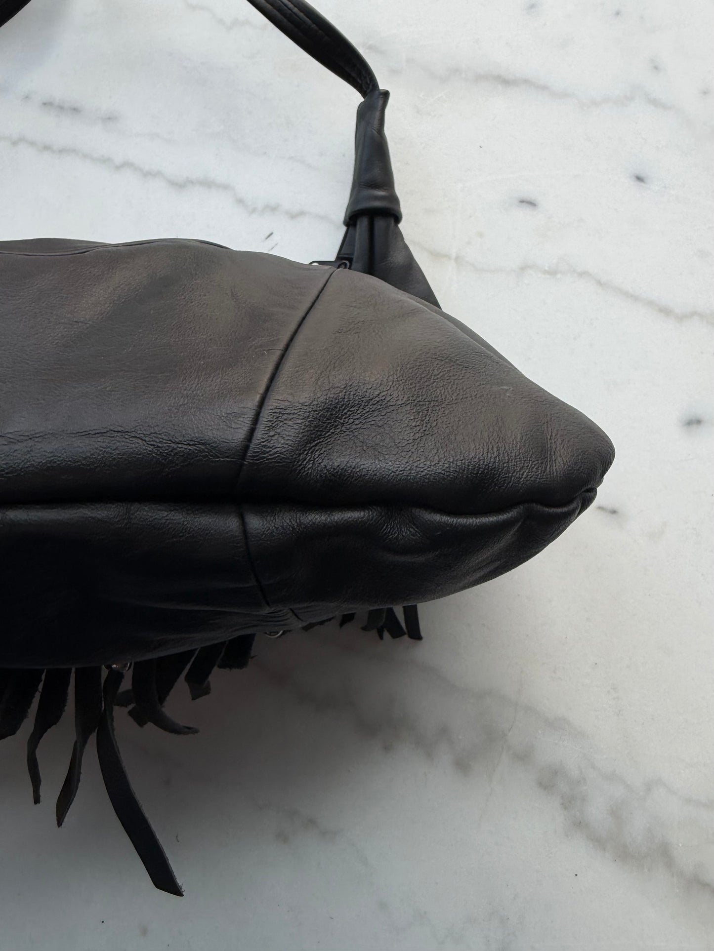 90s Black leather fringe bag. Made in Mexico