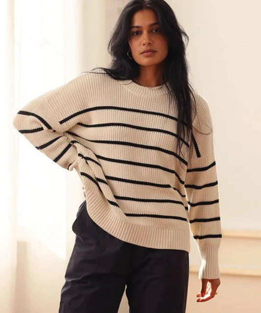 Translates cream and black striped sweater. Organic cotton. Size large