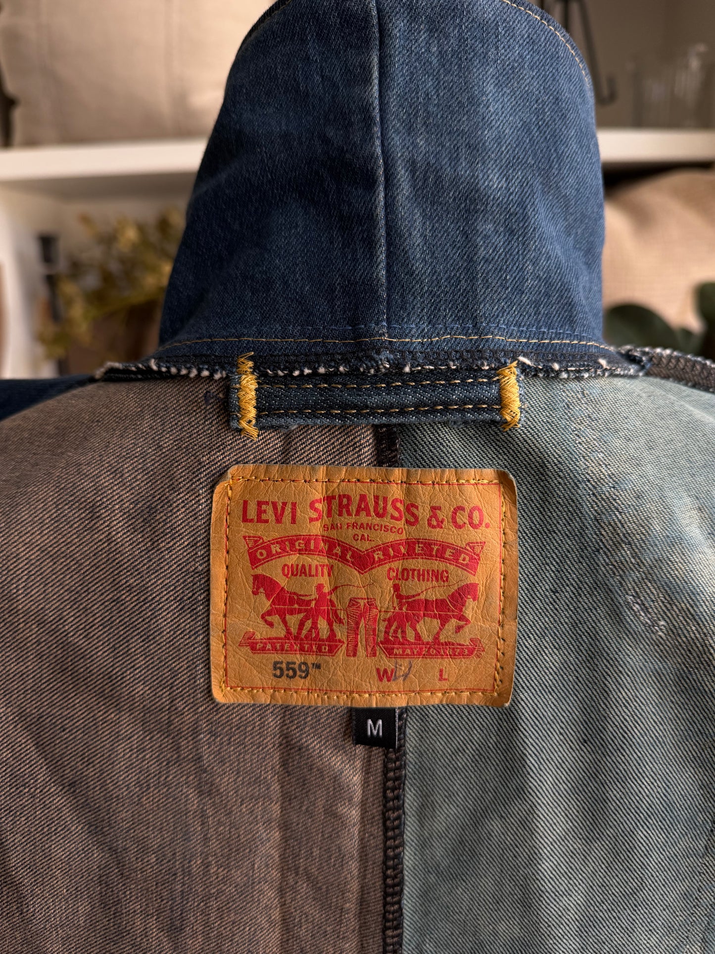Dark Denim Reworked Chore Coat. Size medium