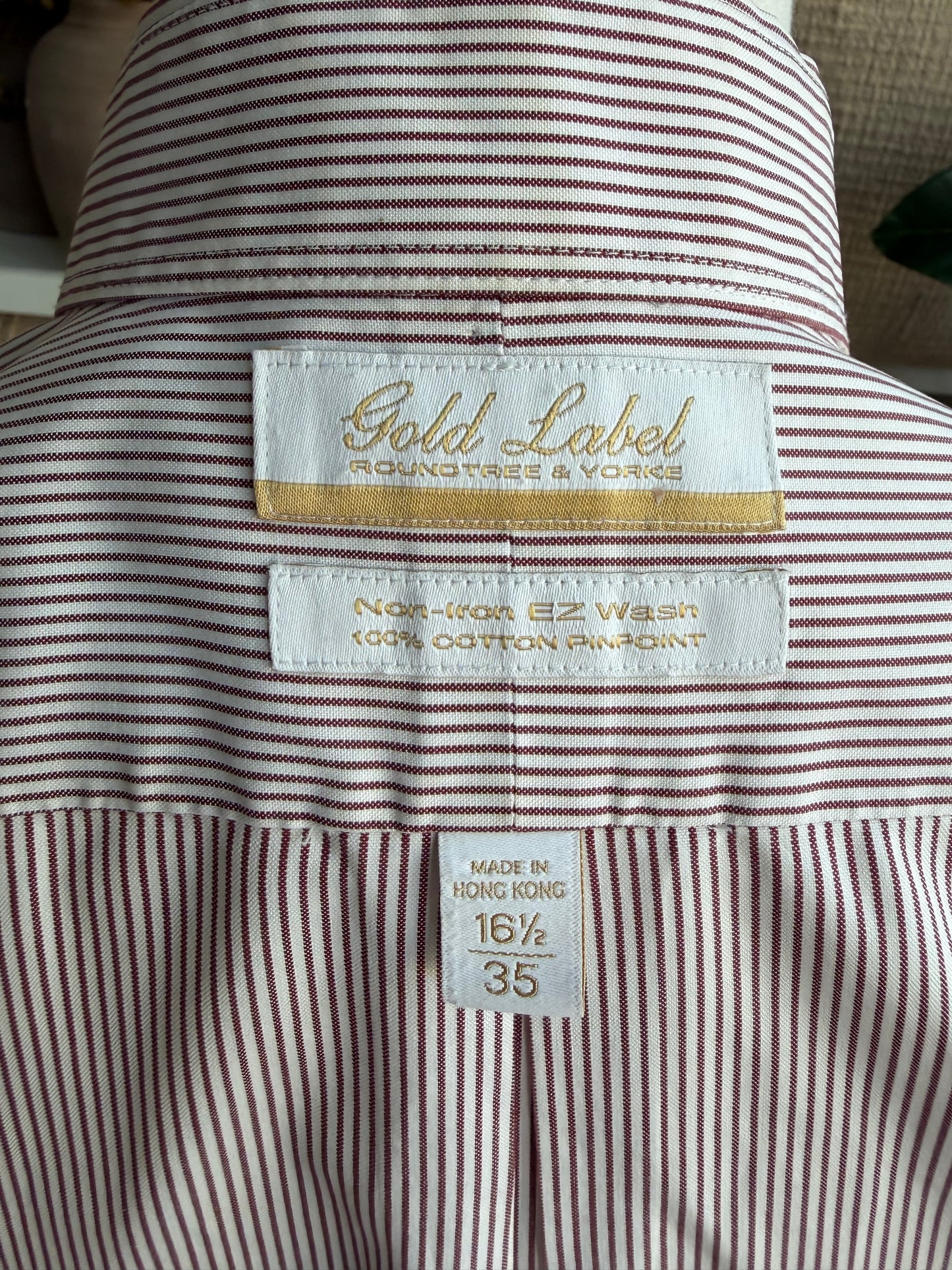 90s around Tree & Yorke Gold Label striped poplin button down. Made in Hong Kong