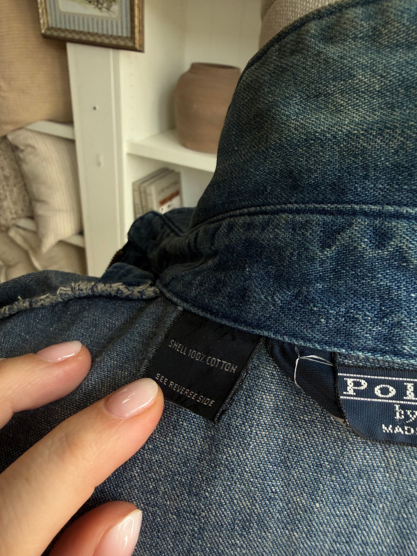80s Polo Ralph Lauren denim bomber with red collar. Made in the USA