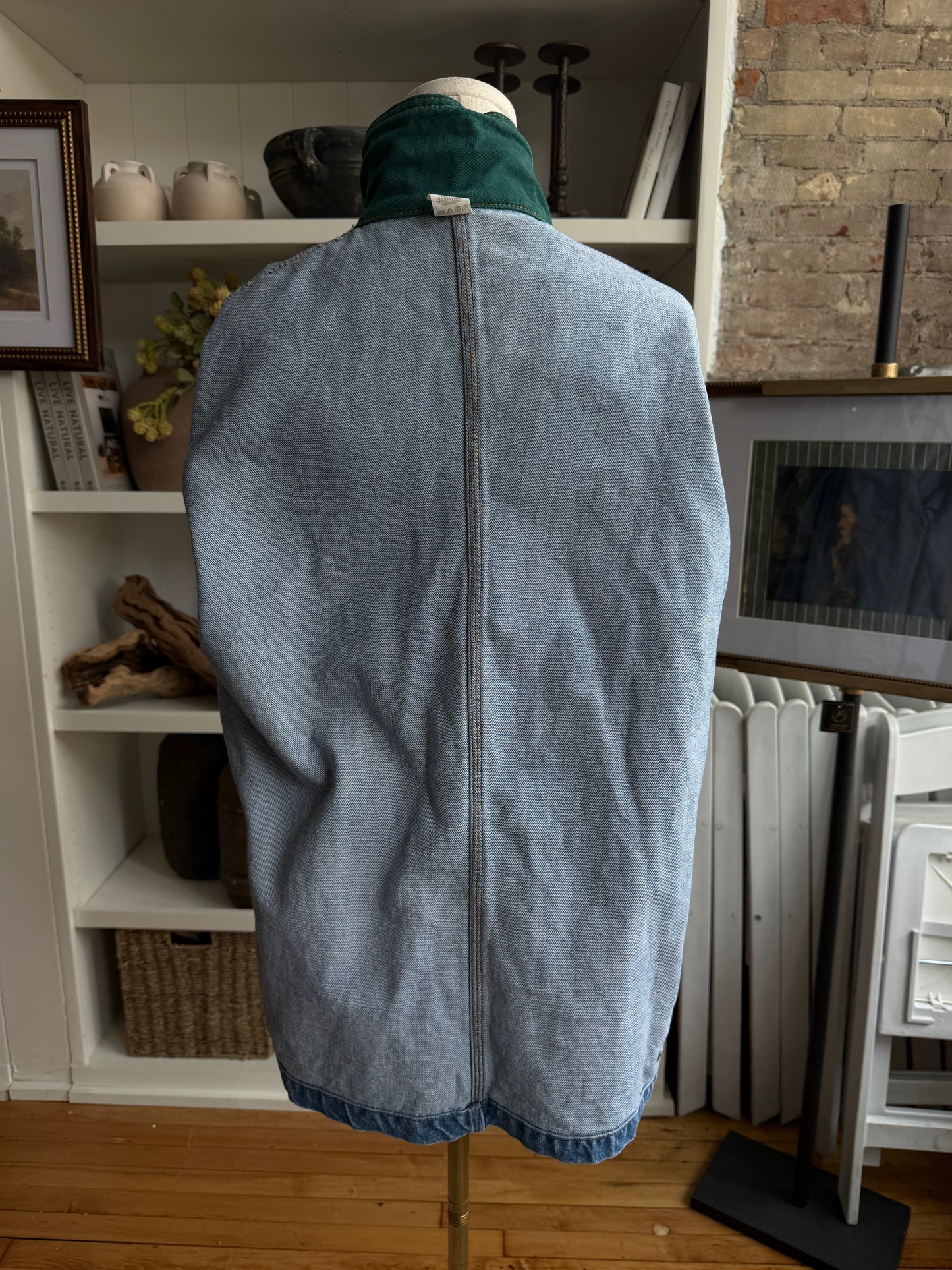 Vintage Denim chore coat with embroidery with green collar