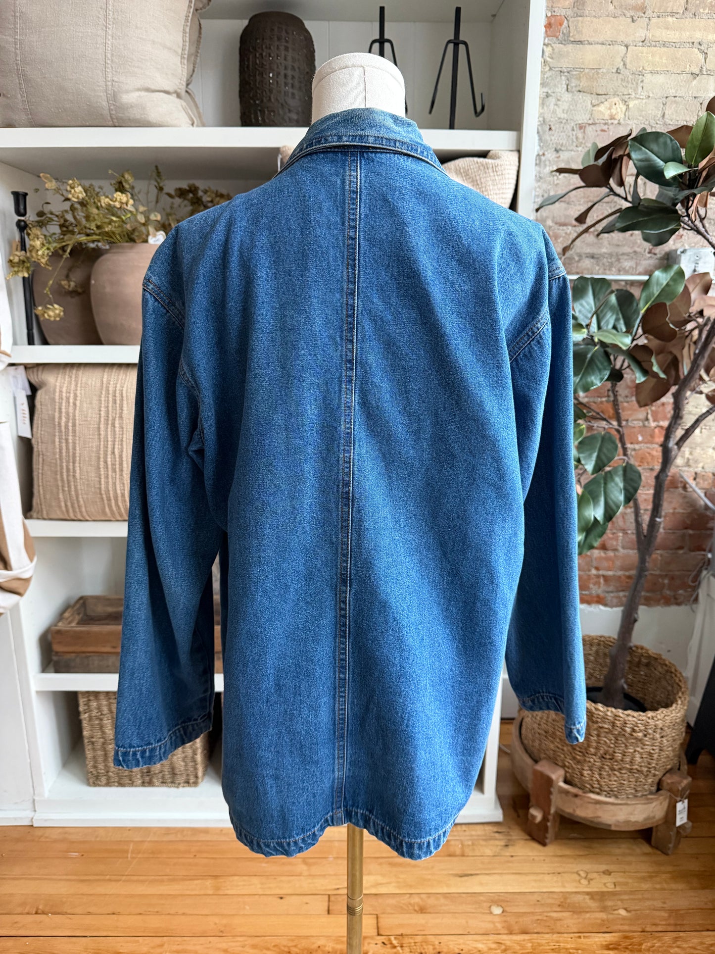 90s Casey Coleman denim chore coat with embroidered cats on pockets