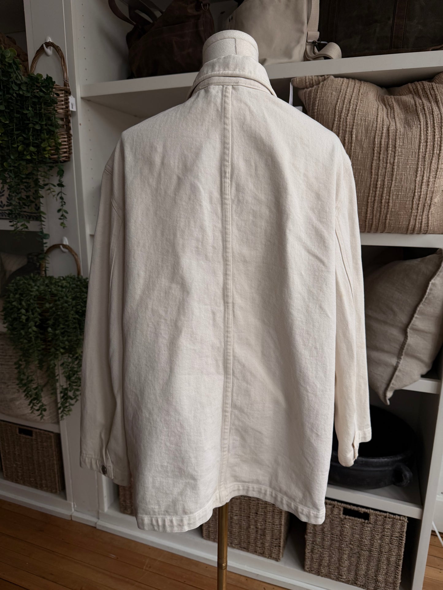 90s Lauren Ralph Lauren cream denim chore coat. Made in Hong Kong