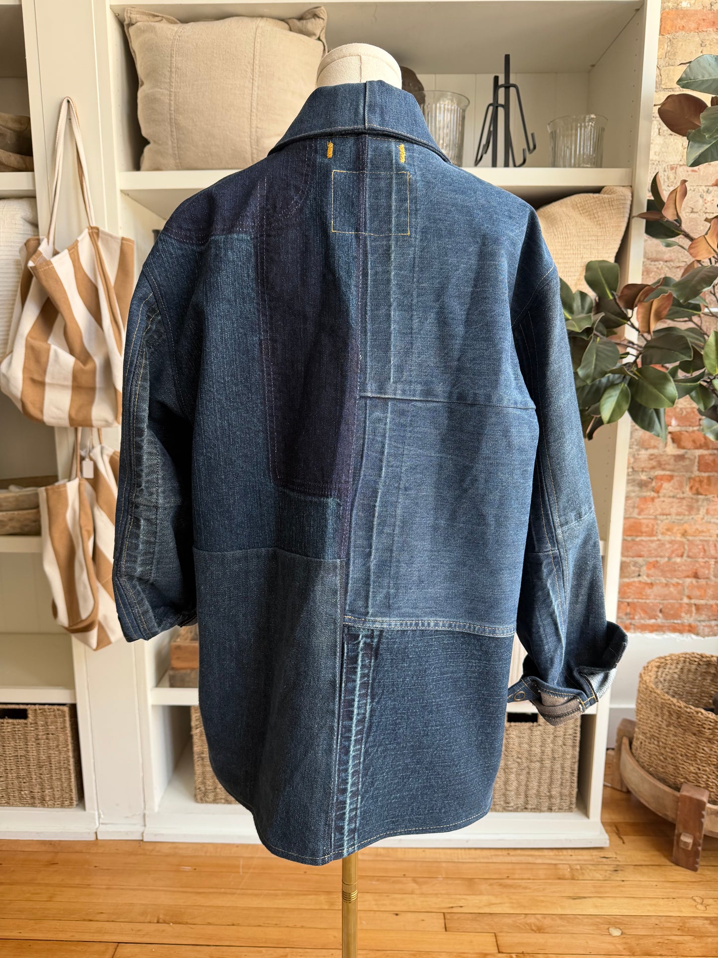 Dark Denim Reworked Chore Coat. Size medium