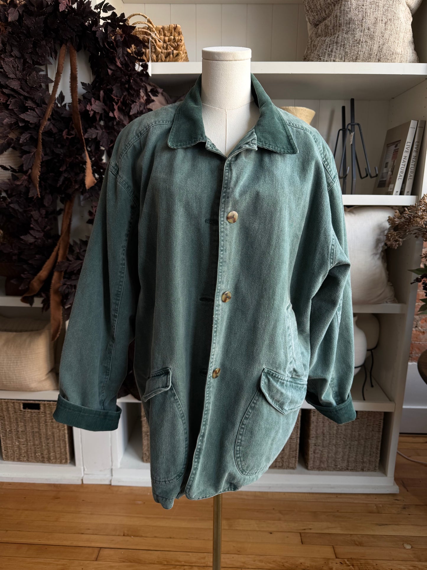 90s Brandon Thomas green fleece lined barn coat. Fits S-L