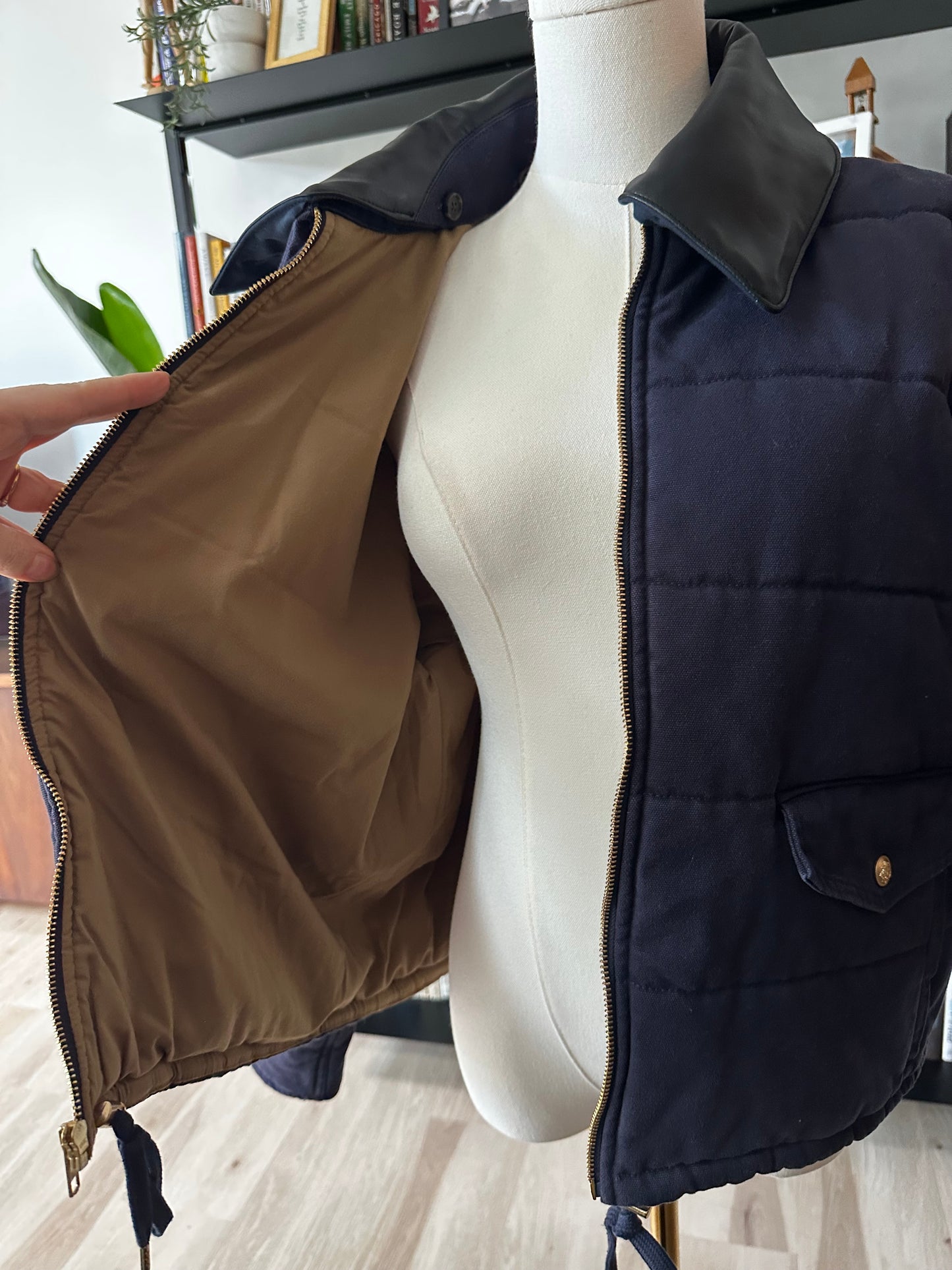 JCrew Rugged Canvas cropped jacket in navy with black leather collar. NWT. Size Large