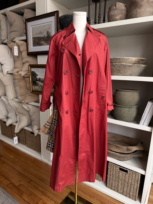 80s Burberry red packable light weight traveler trench with carrying bag