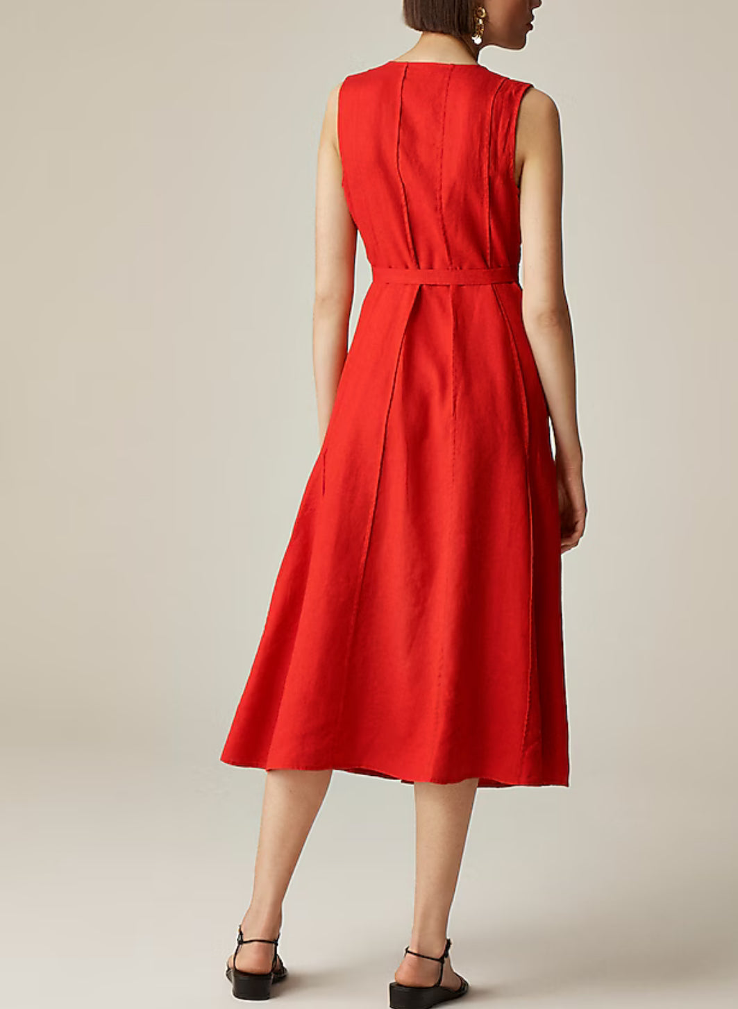 JCrew red seamed linen dress with removable dress. Size medium tall