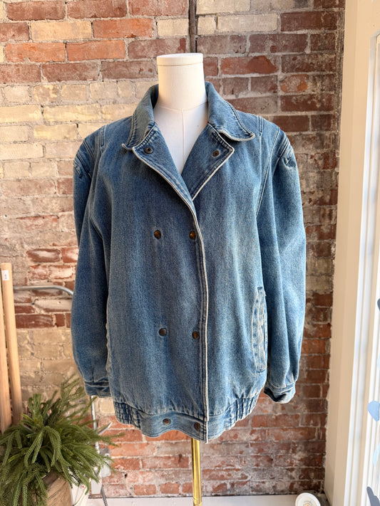 80s Bramble Lane denim bomber. Made in Hong Kong