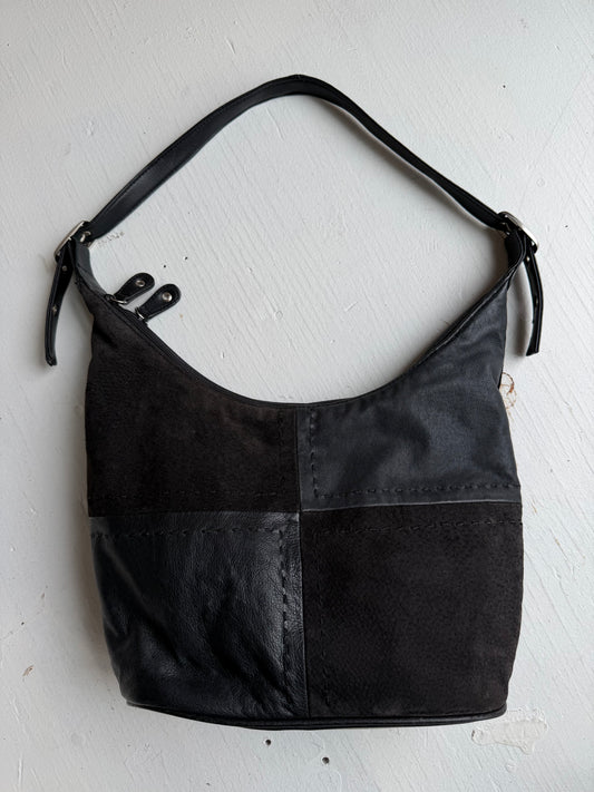 90s Hush Puppies black leather and suede shoulder bag
