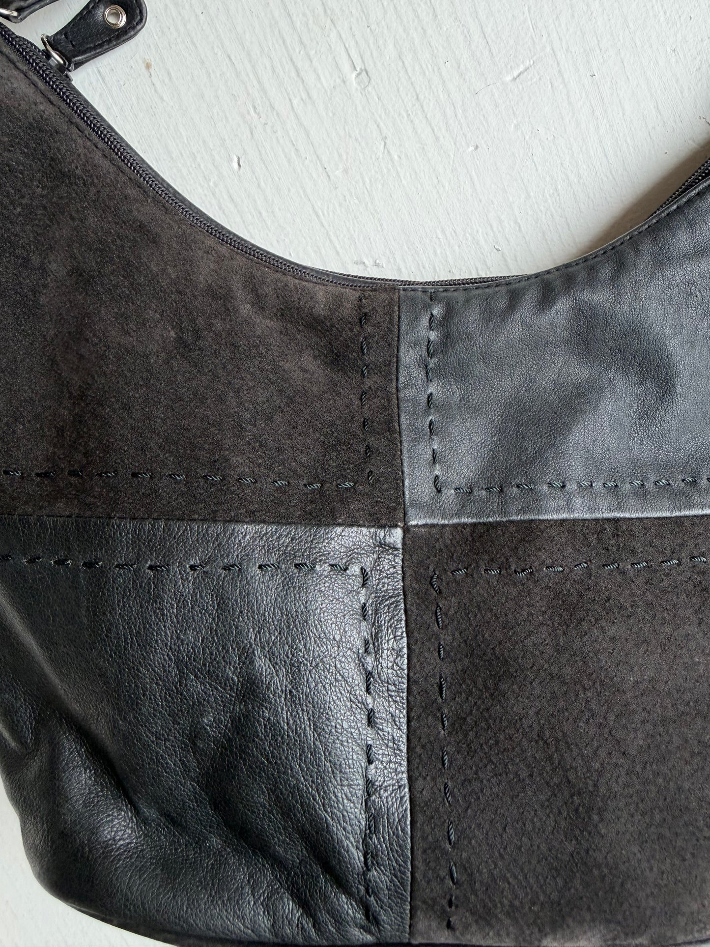 90s Hush Puppies black leather and suede shoulder bag