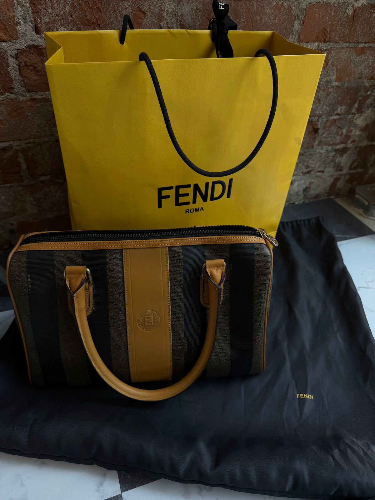 80s Fendi Pequin Boston bag with original duster bag and gift bag