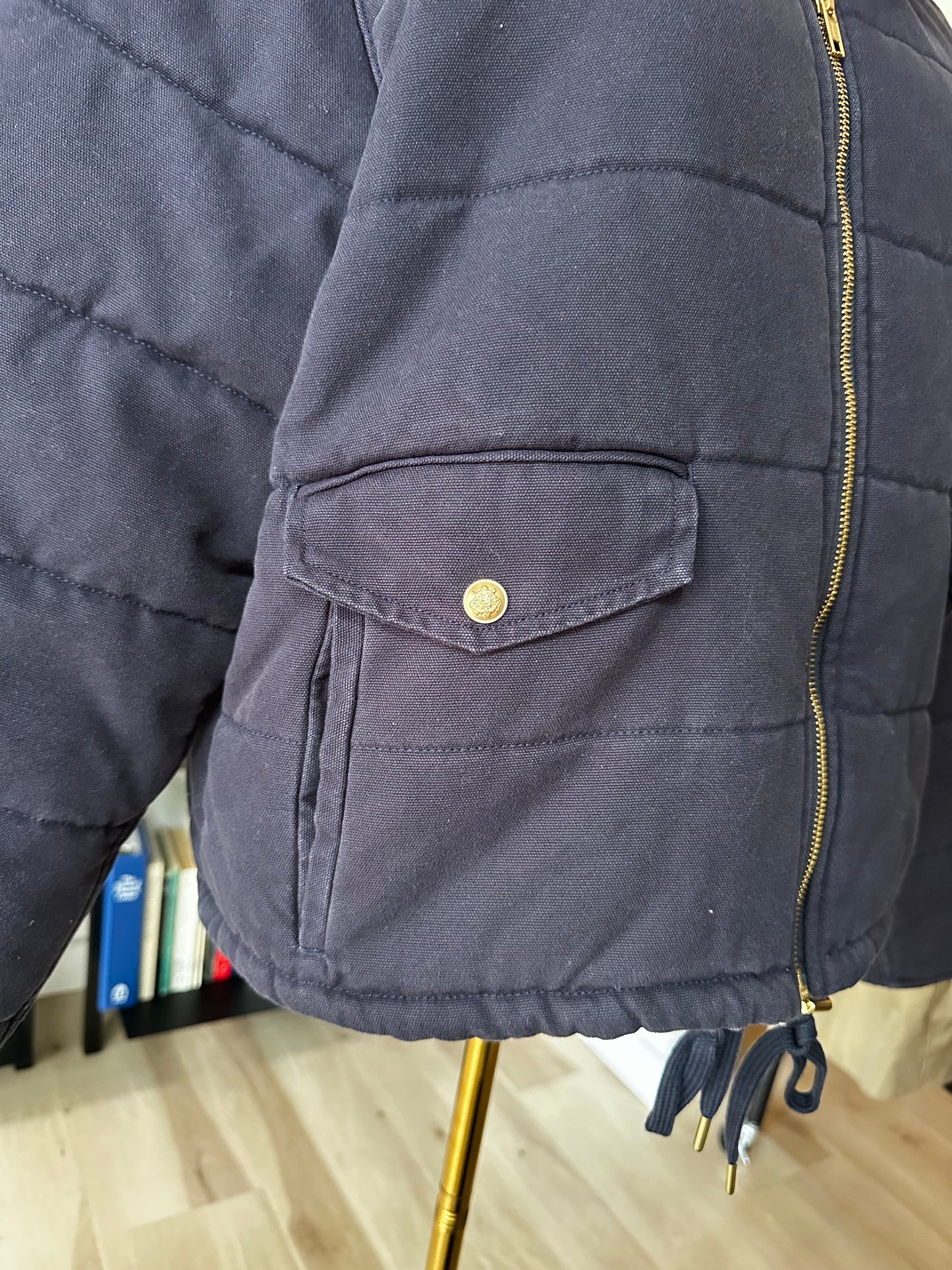 JCrew Rugged Canvas cropped jacket in navy with black leather collar. NWT. Size Large