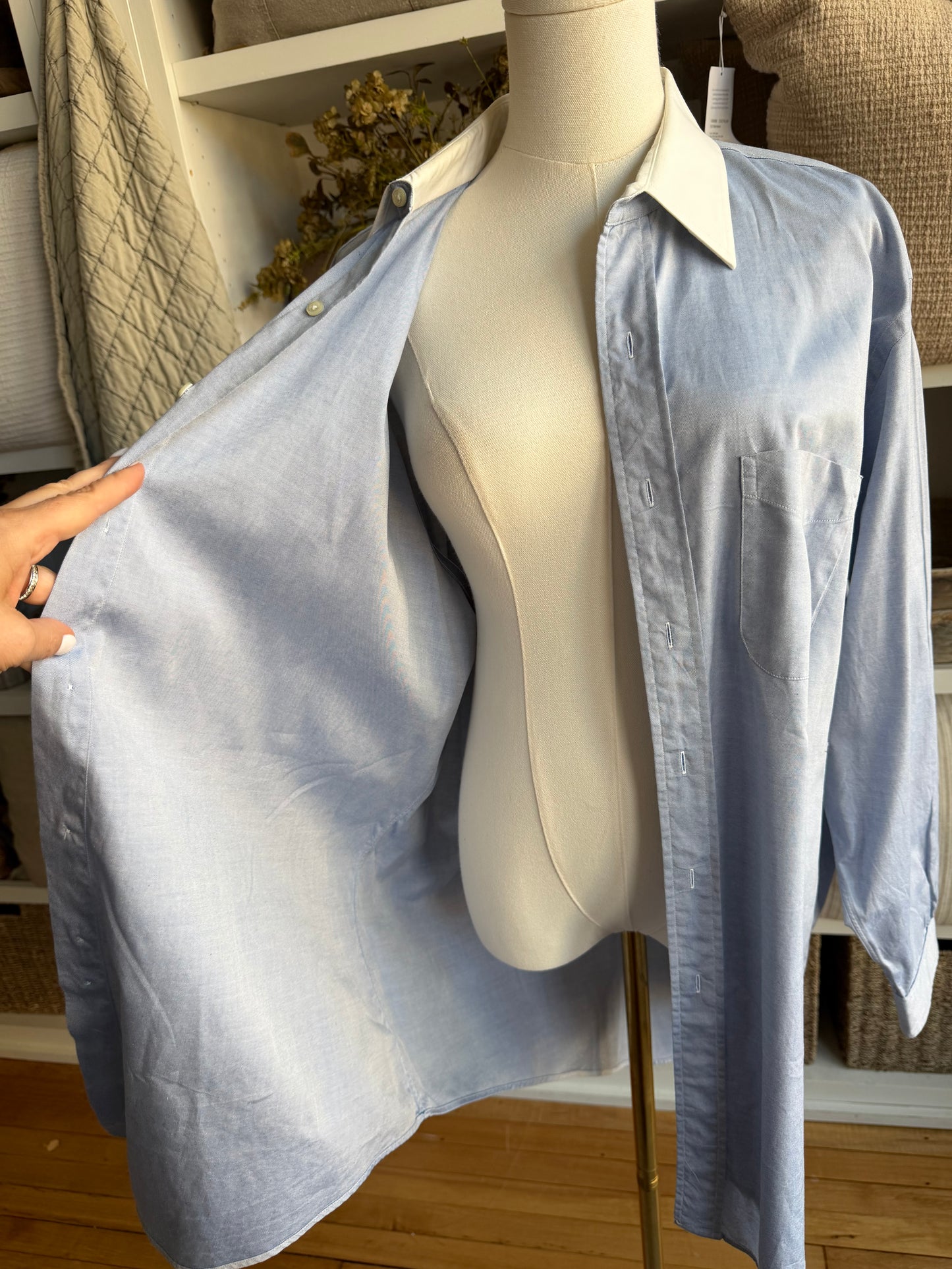 90s Brooks Brothers blue poplin with white collar. Made in the USA