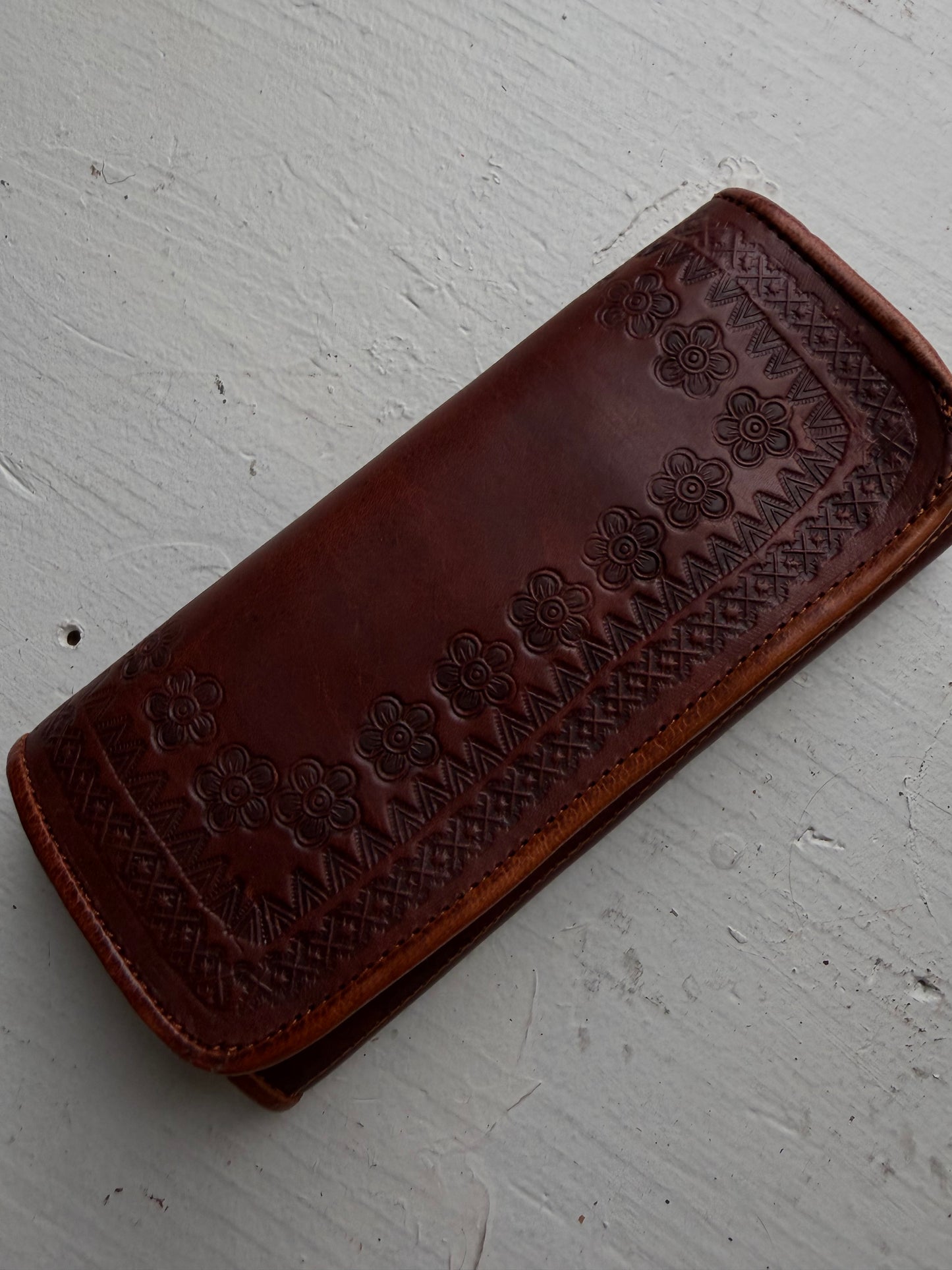 Tooled leather bag with leather wallet. Hand made