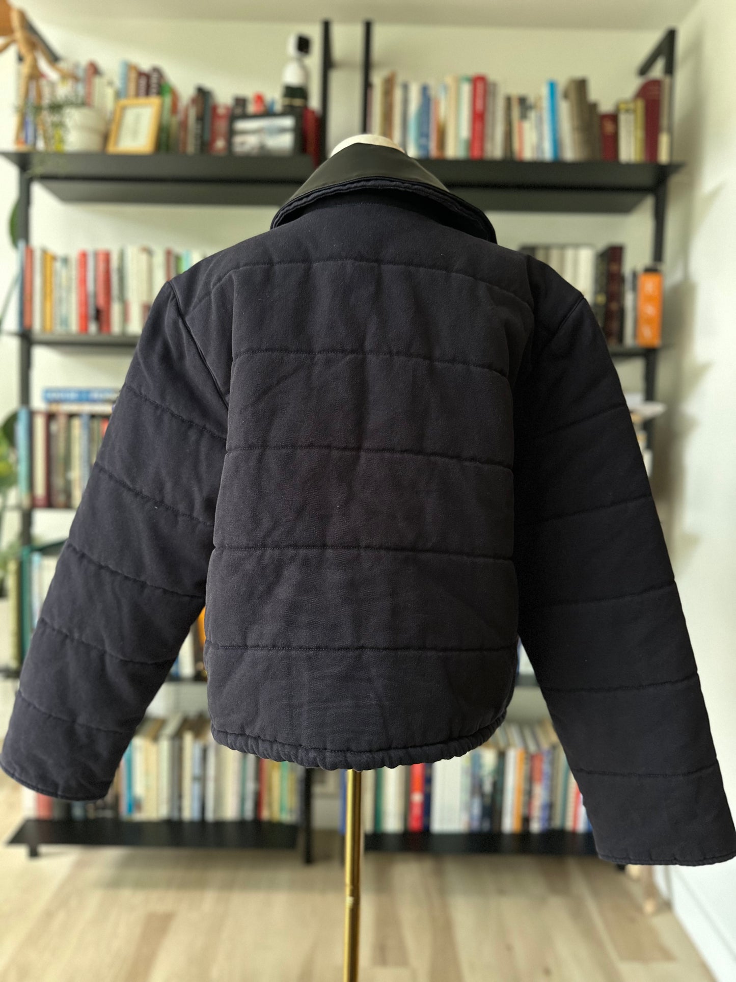 JCrew Rugged Canvas cropped jacket in navy with black leather collar. NWT. Size Large