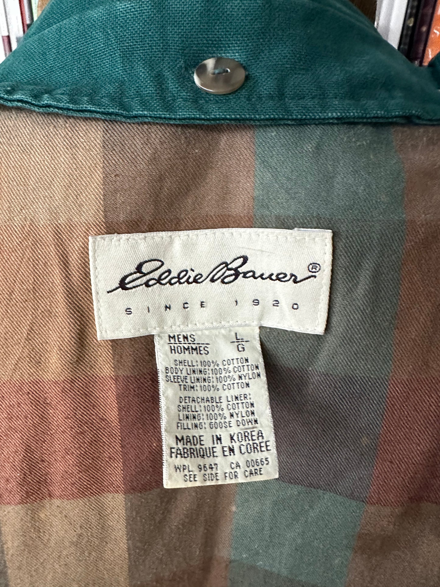 90s Eddie Bauer green barn coat with removable goose down liner. Made in Korea