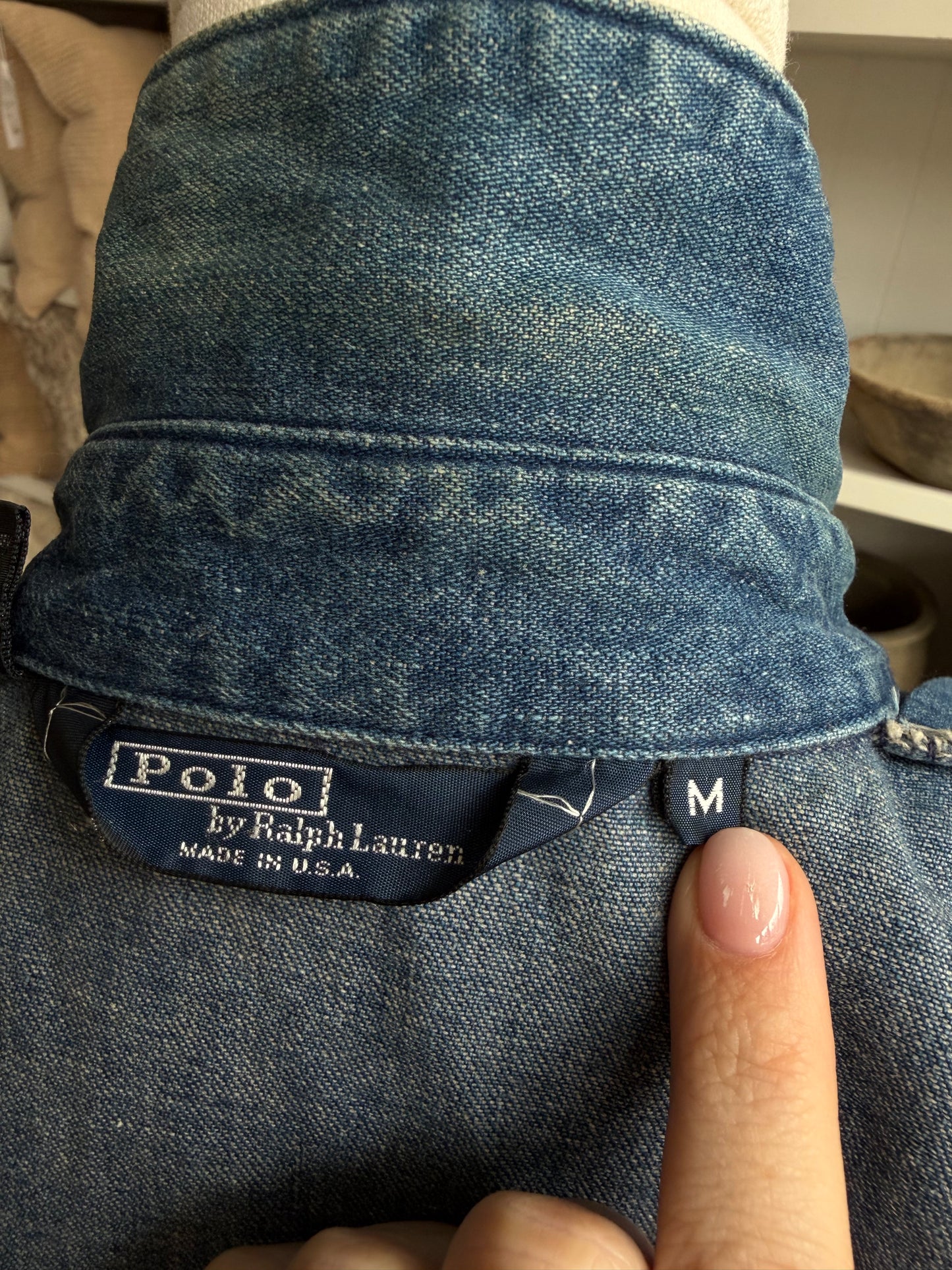 80s Polo Ralph Lauren denim bomber with red collar. Made in the USA
