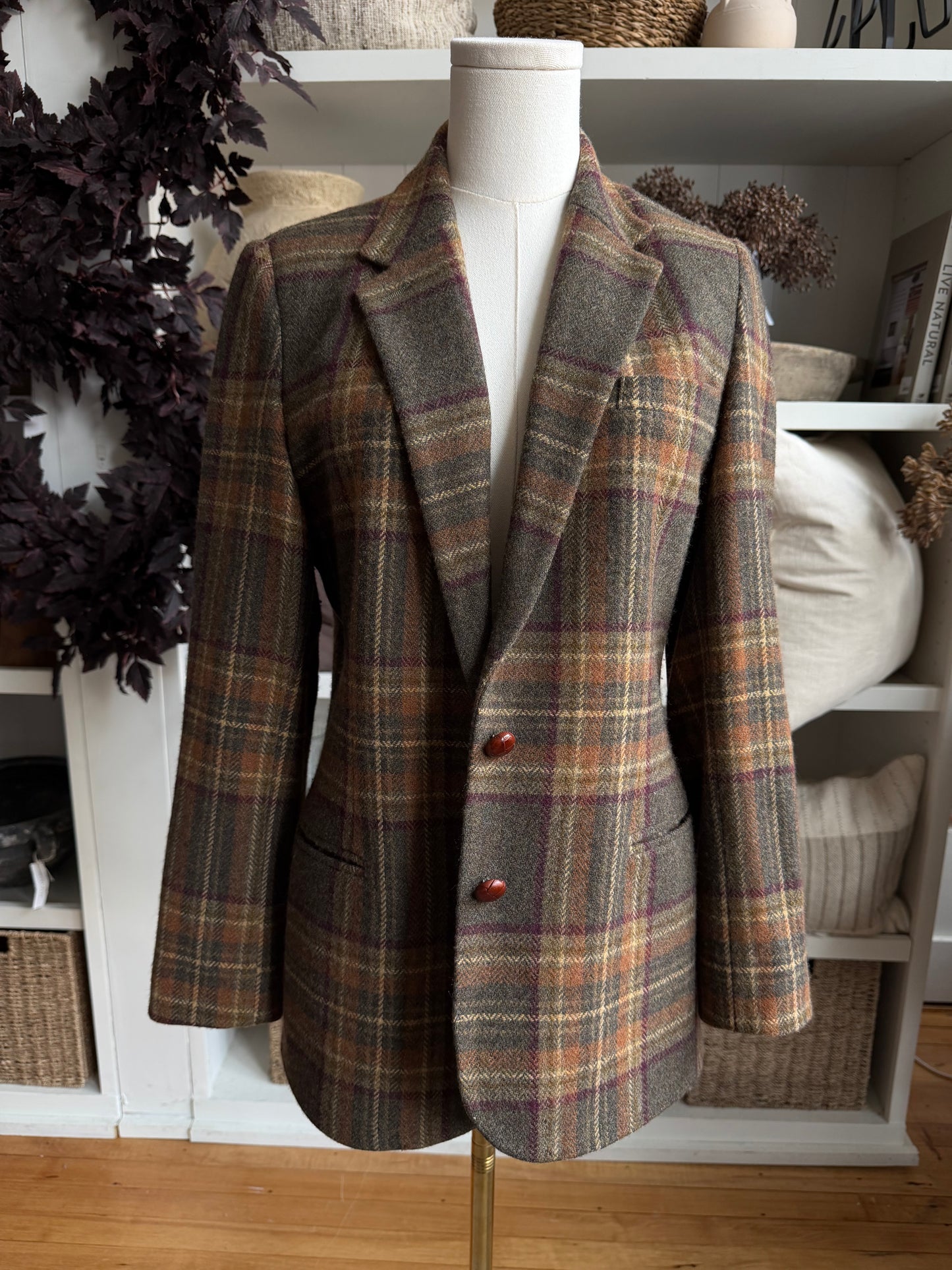 90s Lauren Ralph Lauren wool plaid blazer with suede elbow patches. Fits XXS-S petite