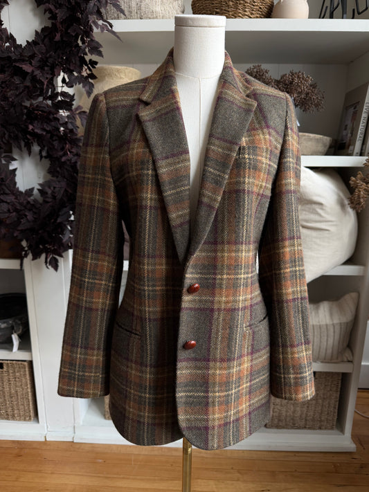 90s Lauren Ralph Lauren wool plaid blazer with suede elbow patches. Fits XXS-S petite