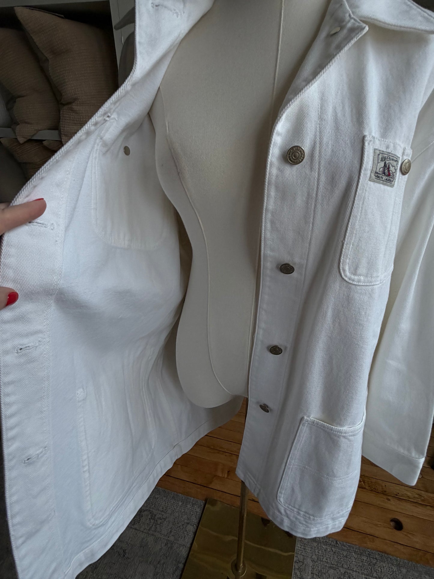 90s Lauren Ralph Lauren white denim chore coat. Made in Hong Kong
