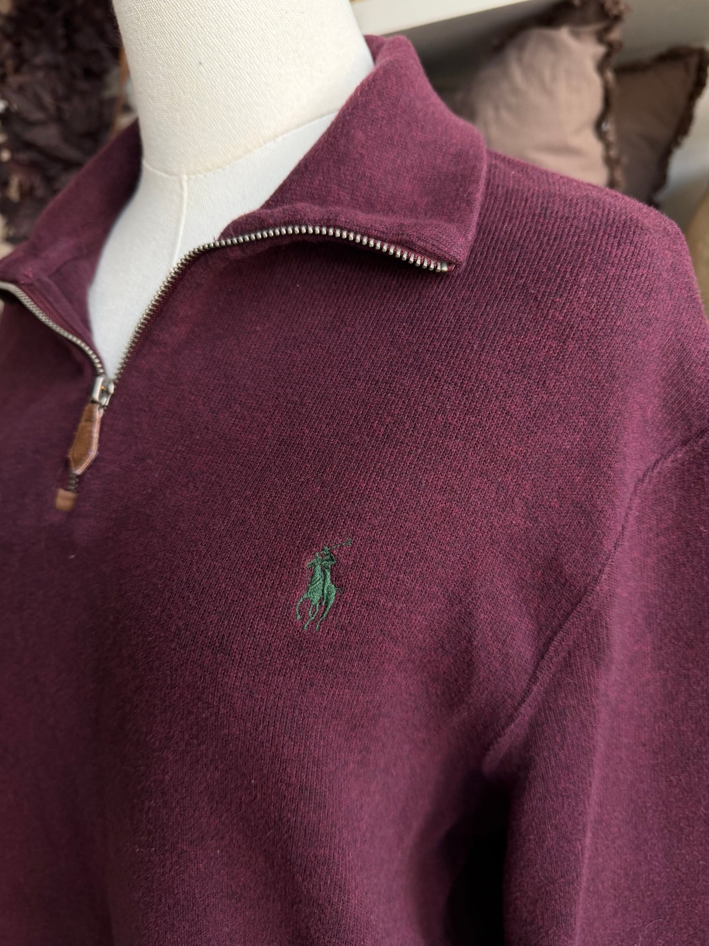 90s Polo Ralph Lauren burgundy cotton half zip. Fits S-L